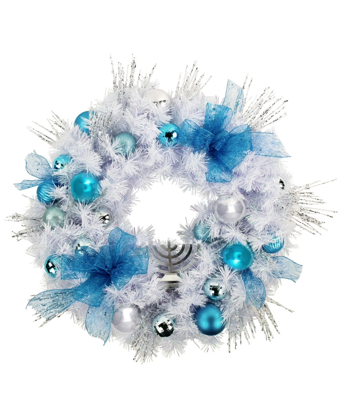 24" Pre-Decorated Menorah Artificial Pine Hanukkah Wreath - White