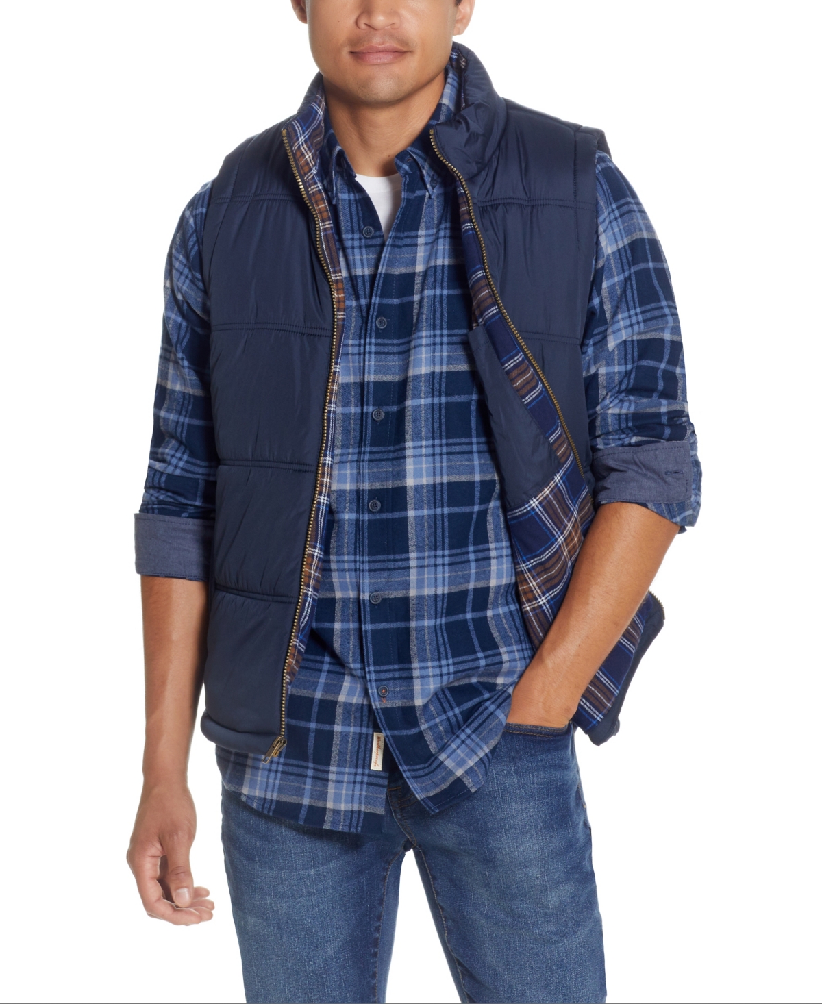 Flannel shirt with puffer vest hot sale