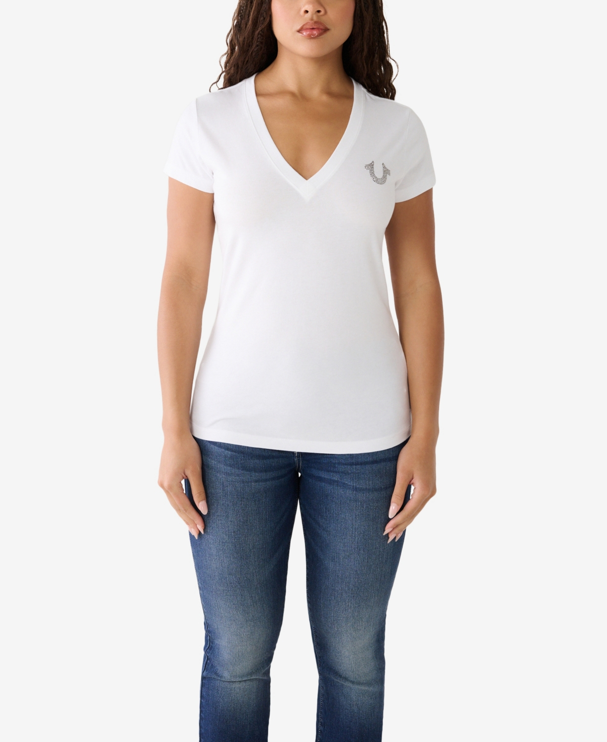 Shop True Religion Women's Short Sleeve Diamond V-neck T-shirt In Optic White