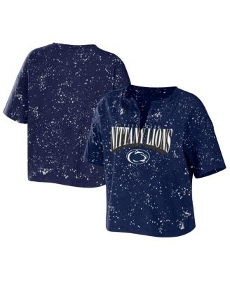 Women's Navy Penn State Nittany Lions Bleach Wash Splatter Cropped Notch Neck T-shirt