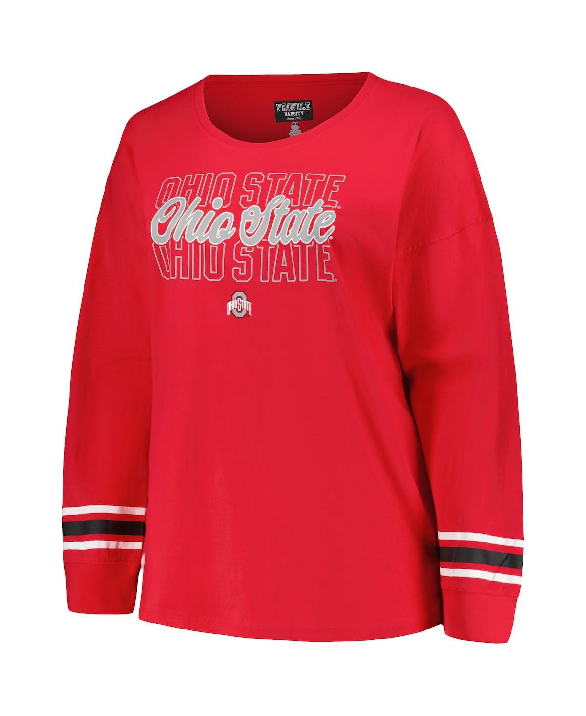 Shop Profile Women's  Scarlet Ohio State Buckeyes Plus Size Triple Script Scoop Neck Long Sleeve T-shirt