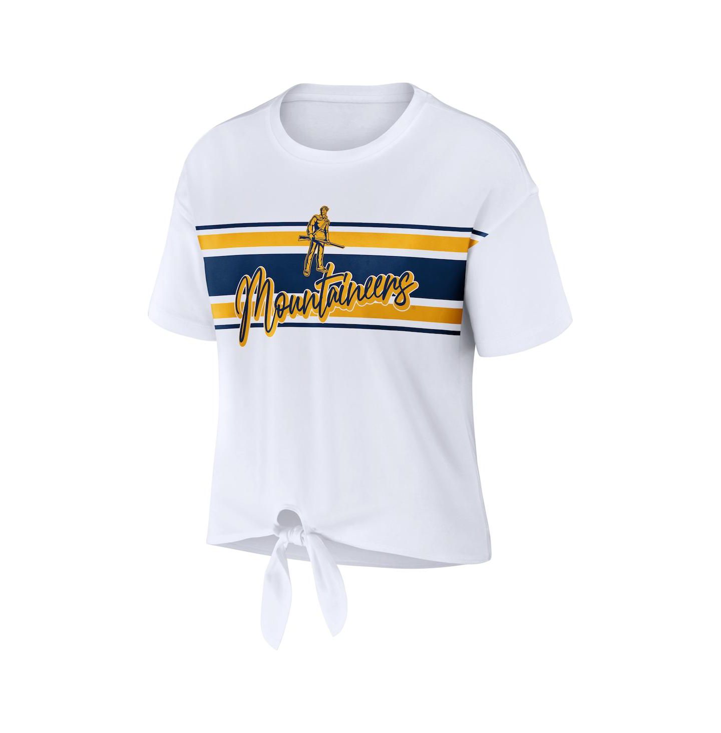 Женская футболка WEAR by Erin Andrews White West Virginia Mountaineers Striped Front Knot Cropped — фото 3
