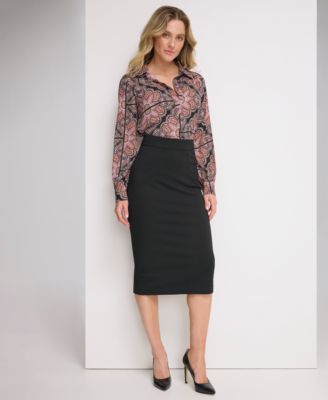 Womens Printed Collared Long Sleeve Top Ponte Pencil Midi Skirt