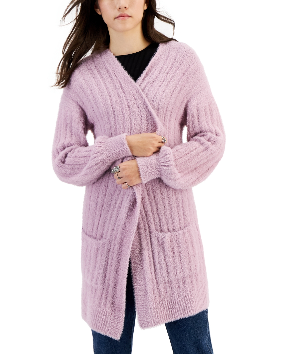 Hippie Rose Juniors' Eyelash Ribbed Open-front Cardigan In Dusty Lilac