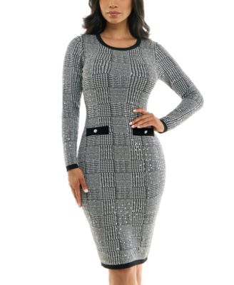 Round Collar Houndstooth Pattern Bodycon Dress Round Collar Houndstooth Pattern Bodycon Dress