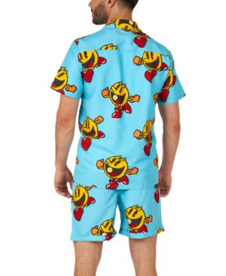 Men's Hawaiian 2 Piece Set - PAC-MAN Summer Beach Swim Wear Slim Fit - Includes Short Sleeve Shirt and Shorts