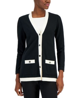 Anne Klein Petite Long Sleeve Contrast Trim Button Down Cardigan Sweater Macy s