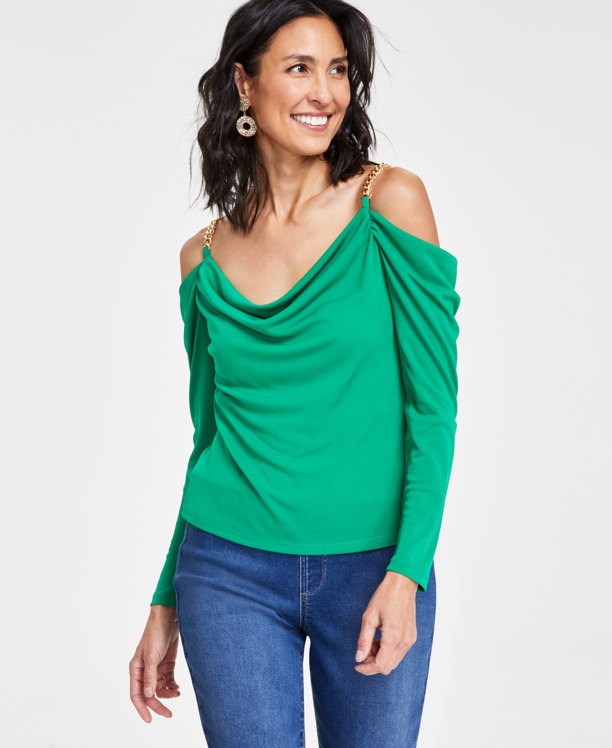 Inc International Concepts Petite Chain-strap Off-the-shoulder Top, Created For Macy's In Bright Pine