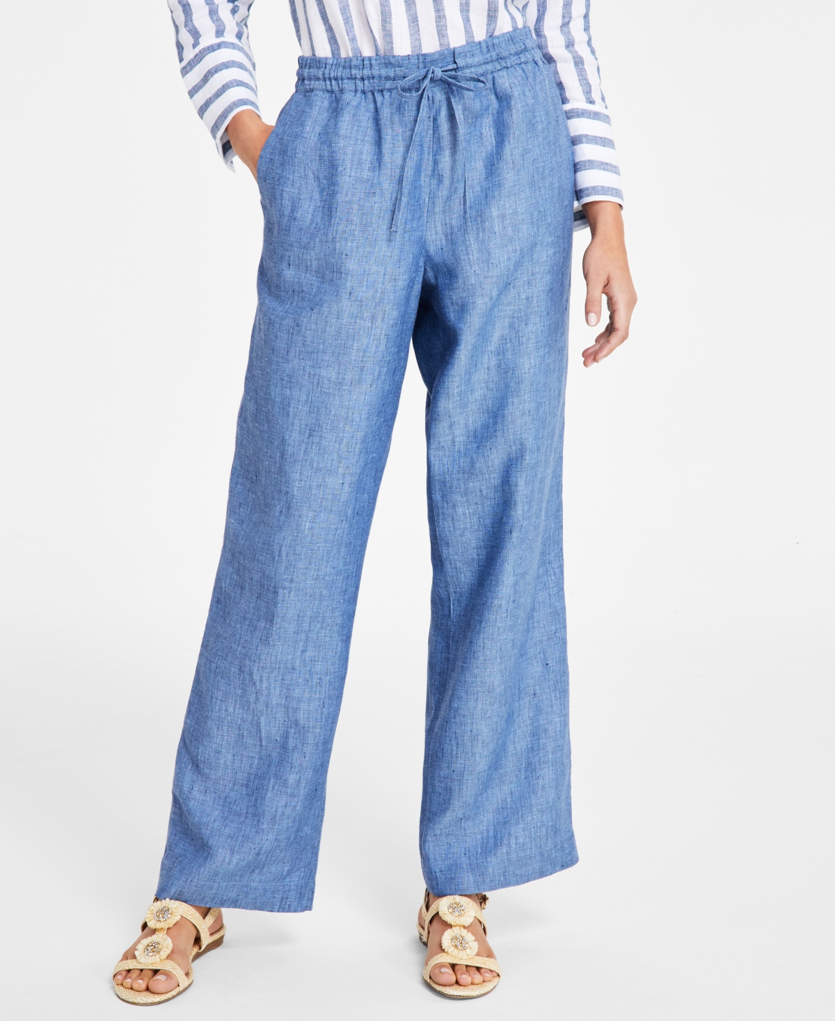 Shop Charter Club Women's 100% Linen Drawstring Pants, Created For Macy's In Blue Ocean