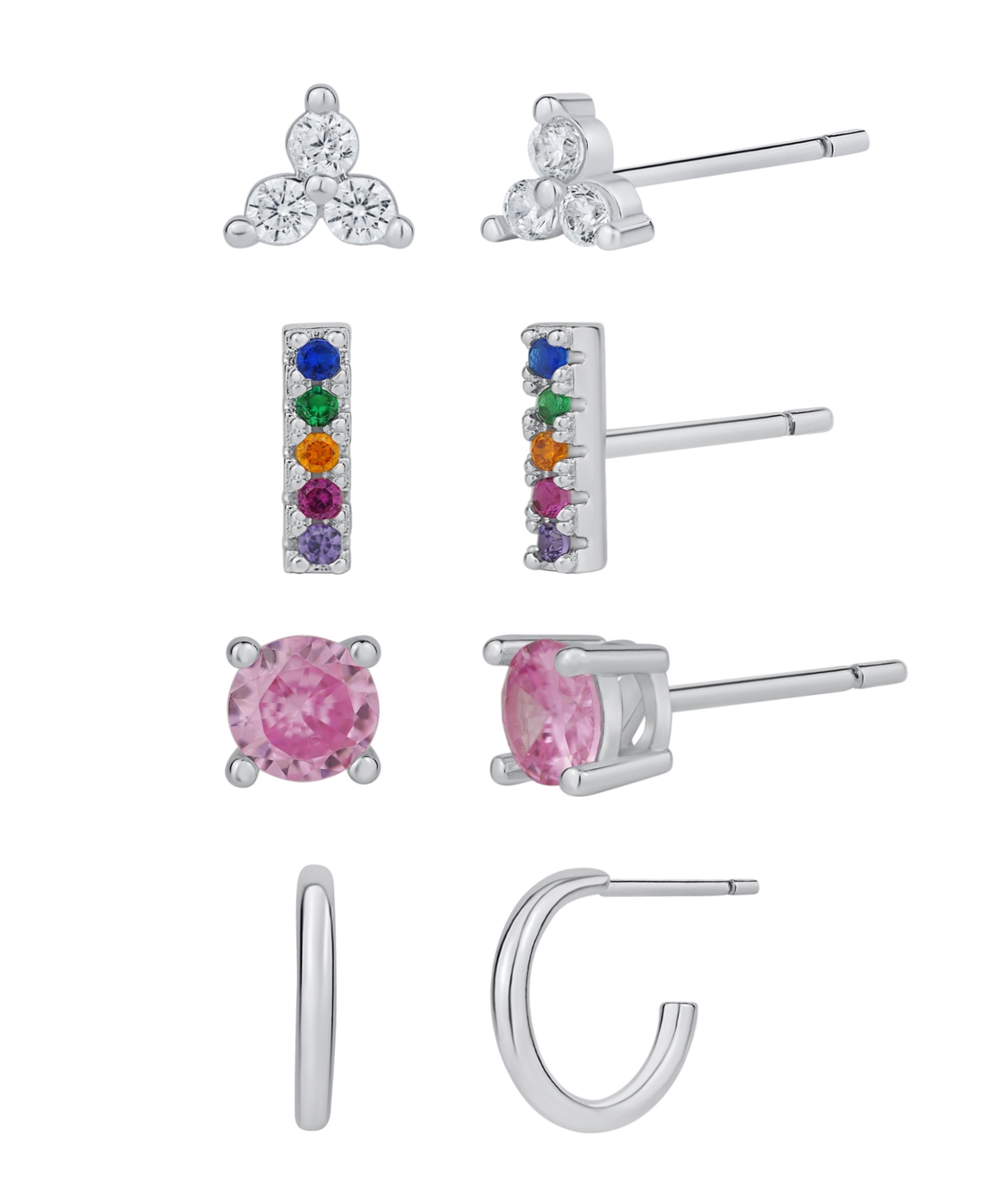 Cubic Zirconia Glass Silver Plated Four Pair Earring Set - Silver Plated