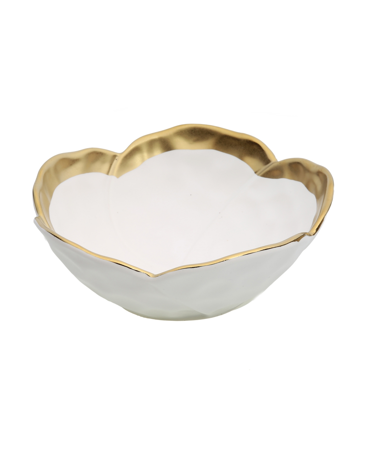 Porcelain Flower Shaped Bowl with Gold-Tone Rim, 7" D - White