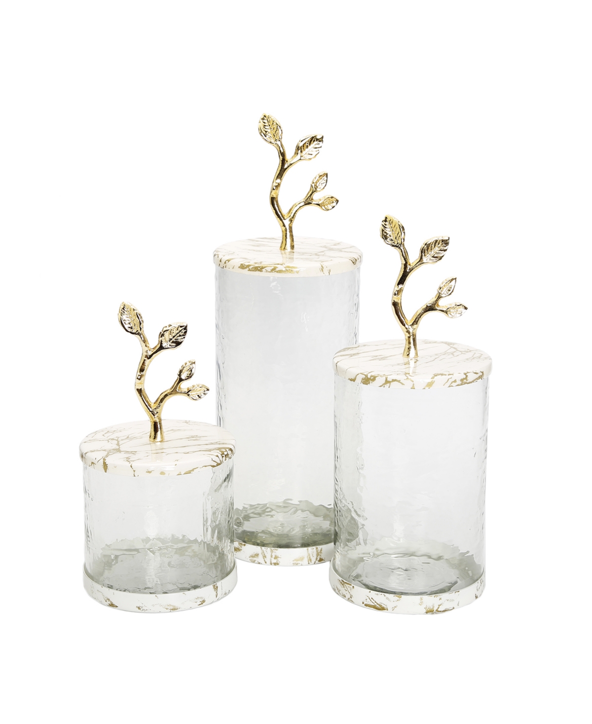 CLASSIC TOUCH GLASS CANISTER WITH GOLD-TONE MARBLE LID AND LEAF HANDLE 
