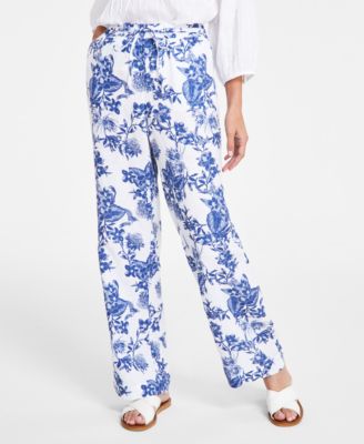 Charter Club - Women's Linen Foliage-Print Pull-On Pants