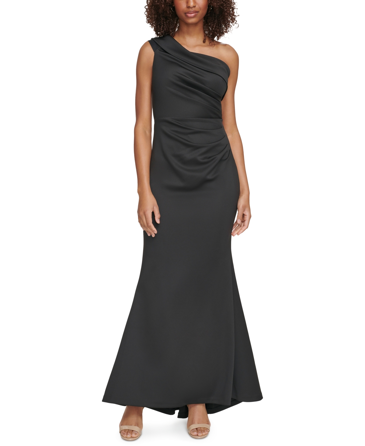 Eliza J Women's Asymmetric-neck Side-pleat Scuba Gown In Black