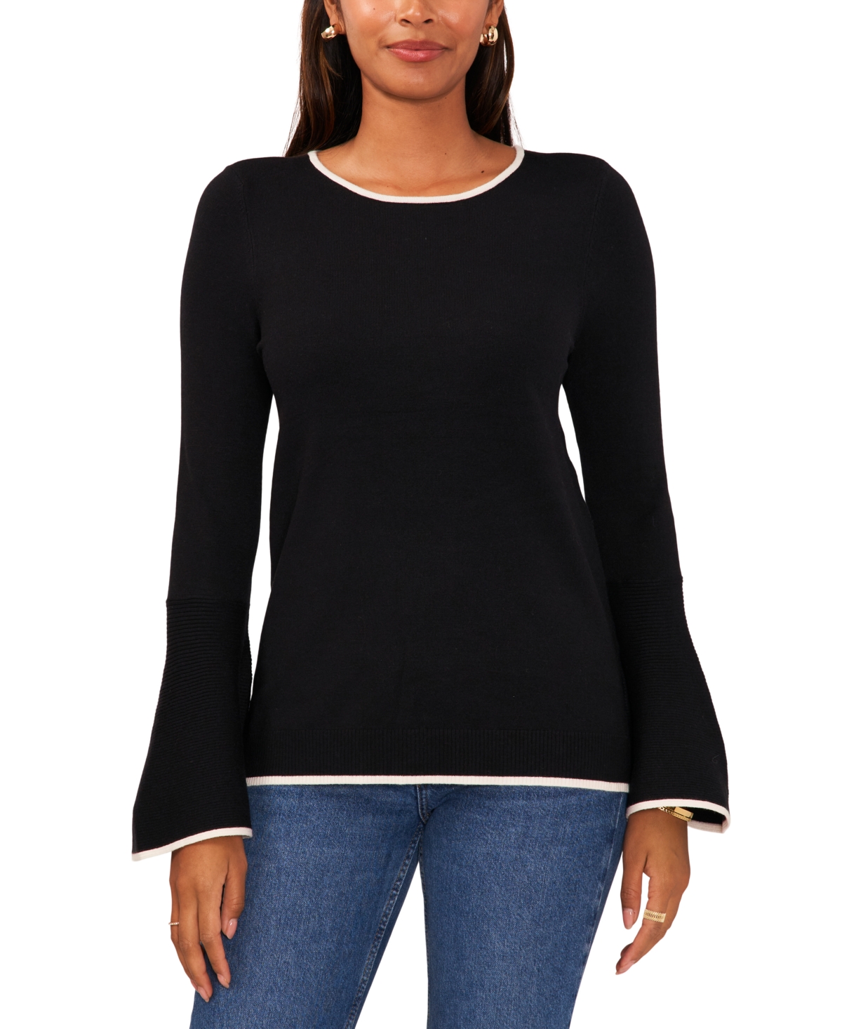 Sam & Jess Women's Cozy Crewneck Bell Sleeve Sweater In Rich Black