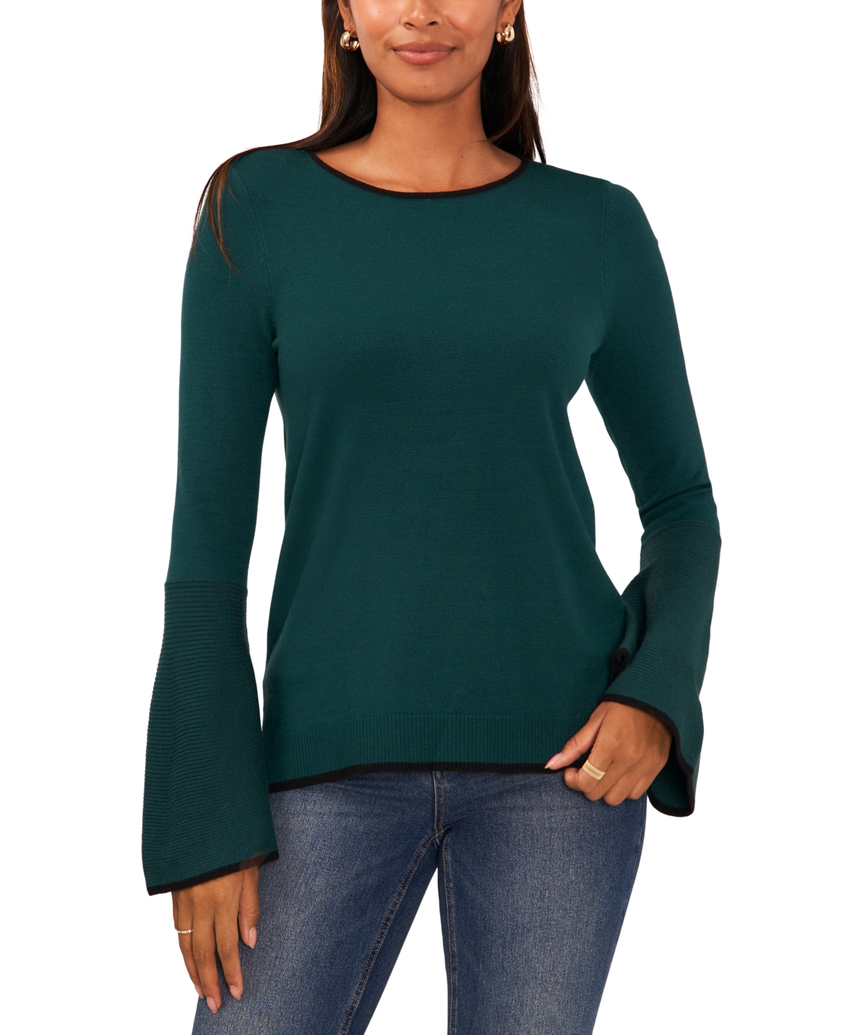 Sam & Jess Women's Cozy Crewneck Bell Sleeve Sweater In Wise Green