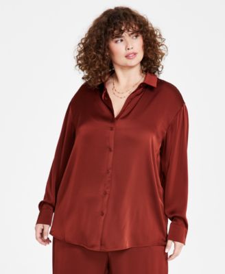 And Now This - Trendy Plus Size Satin Button-Front Shirt