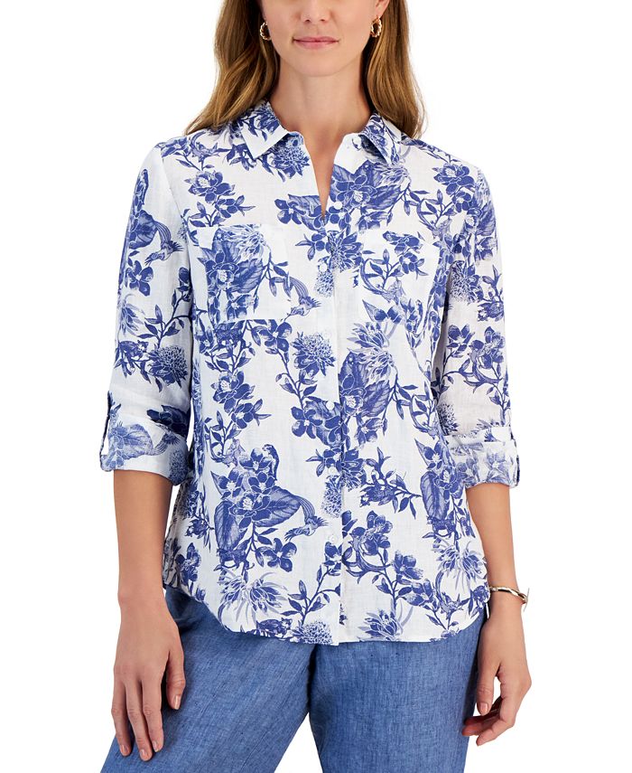 Charter Club Women's 100 Linen FoliagePrint RollTab Shirt, Created for Macy's Macy's
