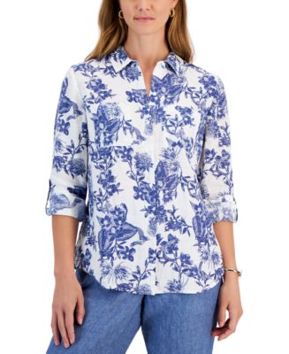 売れ筋商品|||チャータークラブ カットソー トップス レディース Women's Printed 100% Linen Roll-Tab Shirt, Exclusively at Macy's Bright White Combo Charter Club Women's 100% Linen Foliage-Print Roll-Tab Shirt
