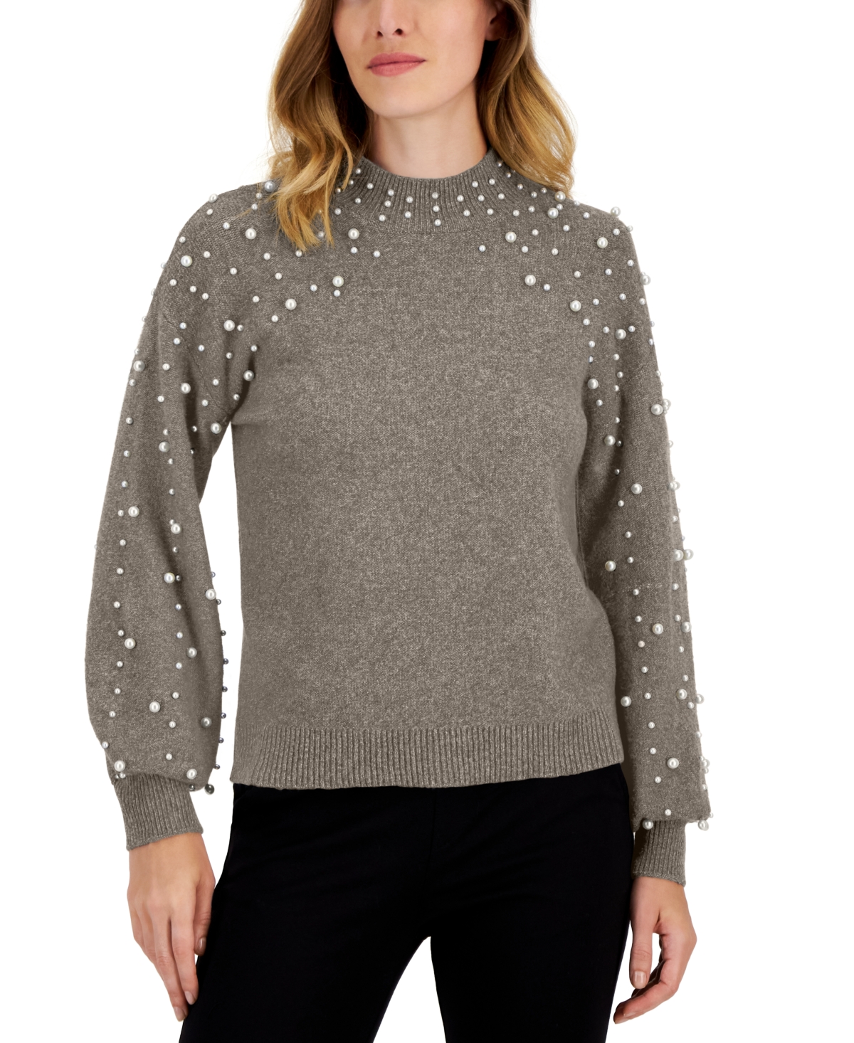 Jpr Studio Women's Imitation Pearl Mock-neck Blouson-sleeve Sweater In Heather Oatmeal