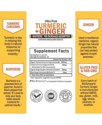Organic Turmeric Curcumin and Ginger - 95% Standardized Curcuminoids with BioPerine Black Pepper Extract for Ultra High Absorption - Natural Joint Support Supplement - Gluten-Free - 60 Capsules