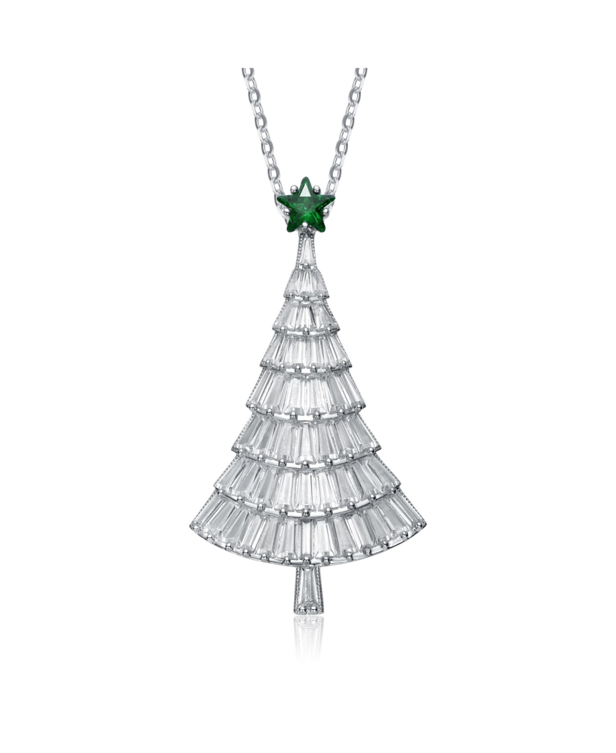 Rachel Glauber Festive Christmas Tree Pendant/Brooch in White Gold Plating with Cubic Zirconia in White and- Green