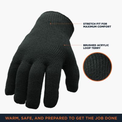 Men's Heavyweight Knit Glove Liner - Warm Brushed Acrylic Terry, Winter Workwear Insulation, Black, Sold by Dozen