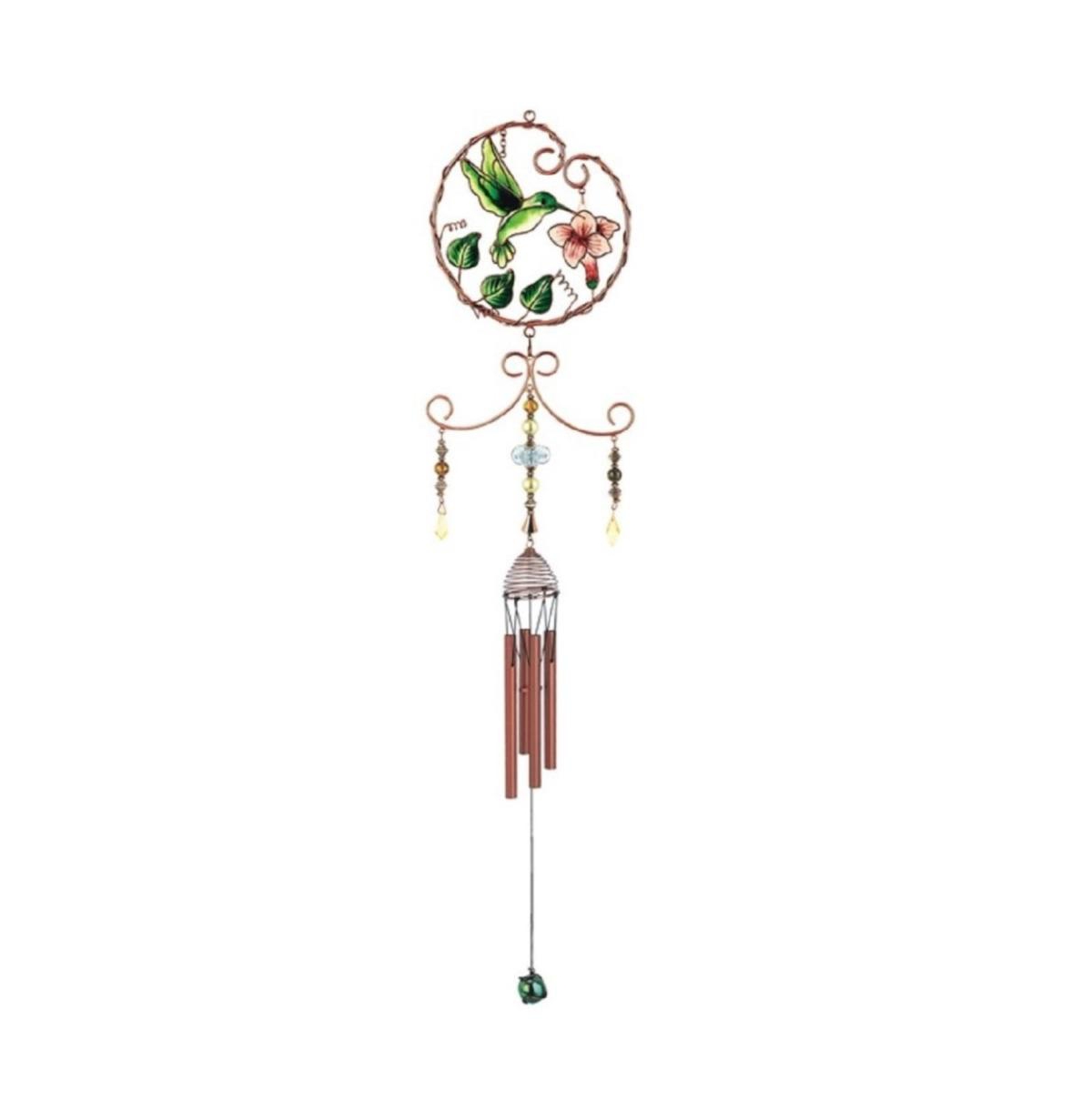 33" Long Green Hummingbird with Pink Flower Copper and Gem Wind Chime - Multi
