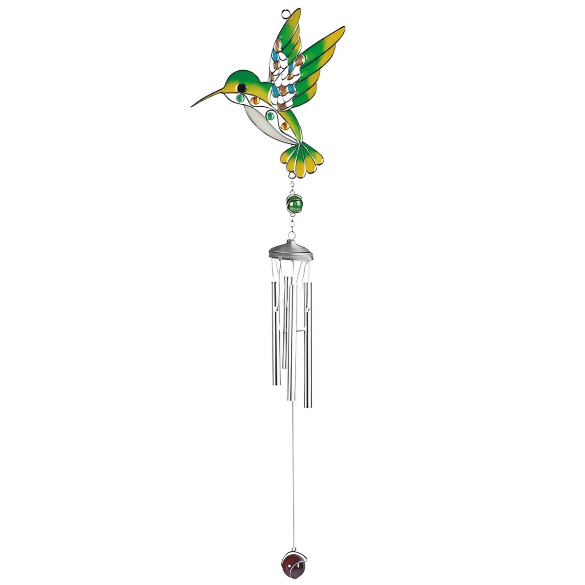 31" Long Green Hummingbird Suncatcher Wind Chime Home Decor Perfect Gift for House Warming, Holidays and Birthdays - Silver