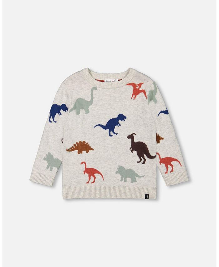 Deux par Deux Boy Intarsia Sweater Oatmeal Mix With Dinosaurs - Toddler ...