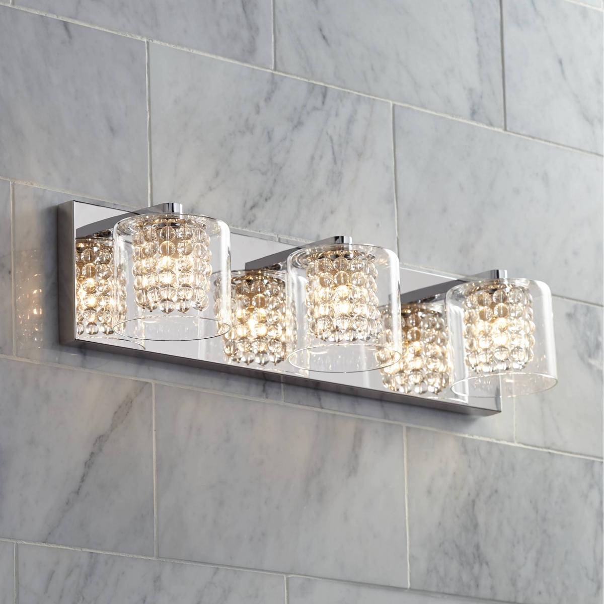 Coco Modern Wall Mount Light ChromeMetal Hardwired Wide 3-Light Fixture Clear Glass Shade Crystal Accents for Bathroom Vanity Mirror Hou