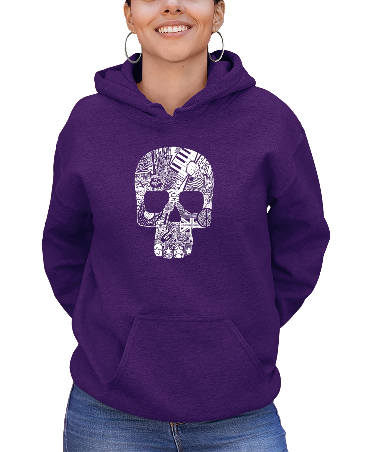 La Pop Art Women's Rock and Roll Skull Word Art Hooded Sweatshirt