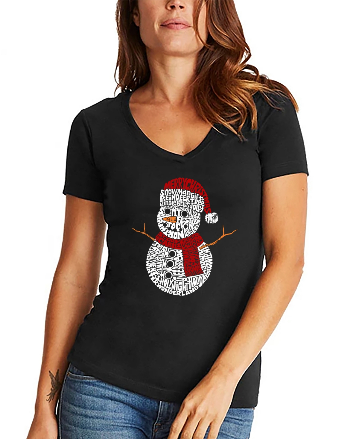La Pop Art Women's Christmas Snowman Word Art V-neck T-shirt In Black