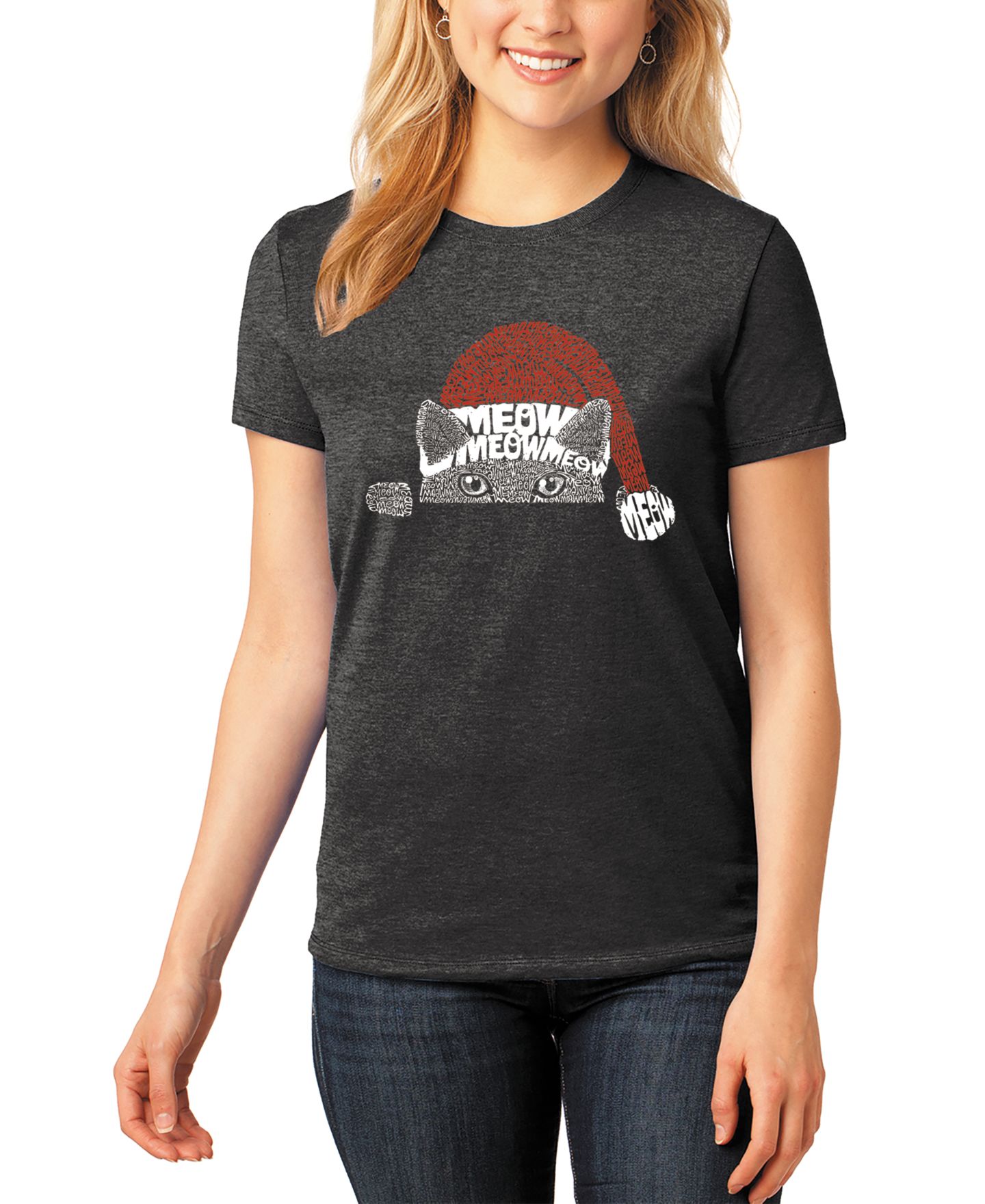 Женская футболка LA Pop Art Christmas Peeking Cat Premium Blend Word Art Short Sleeve, цвет: Чёрный — фото 1