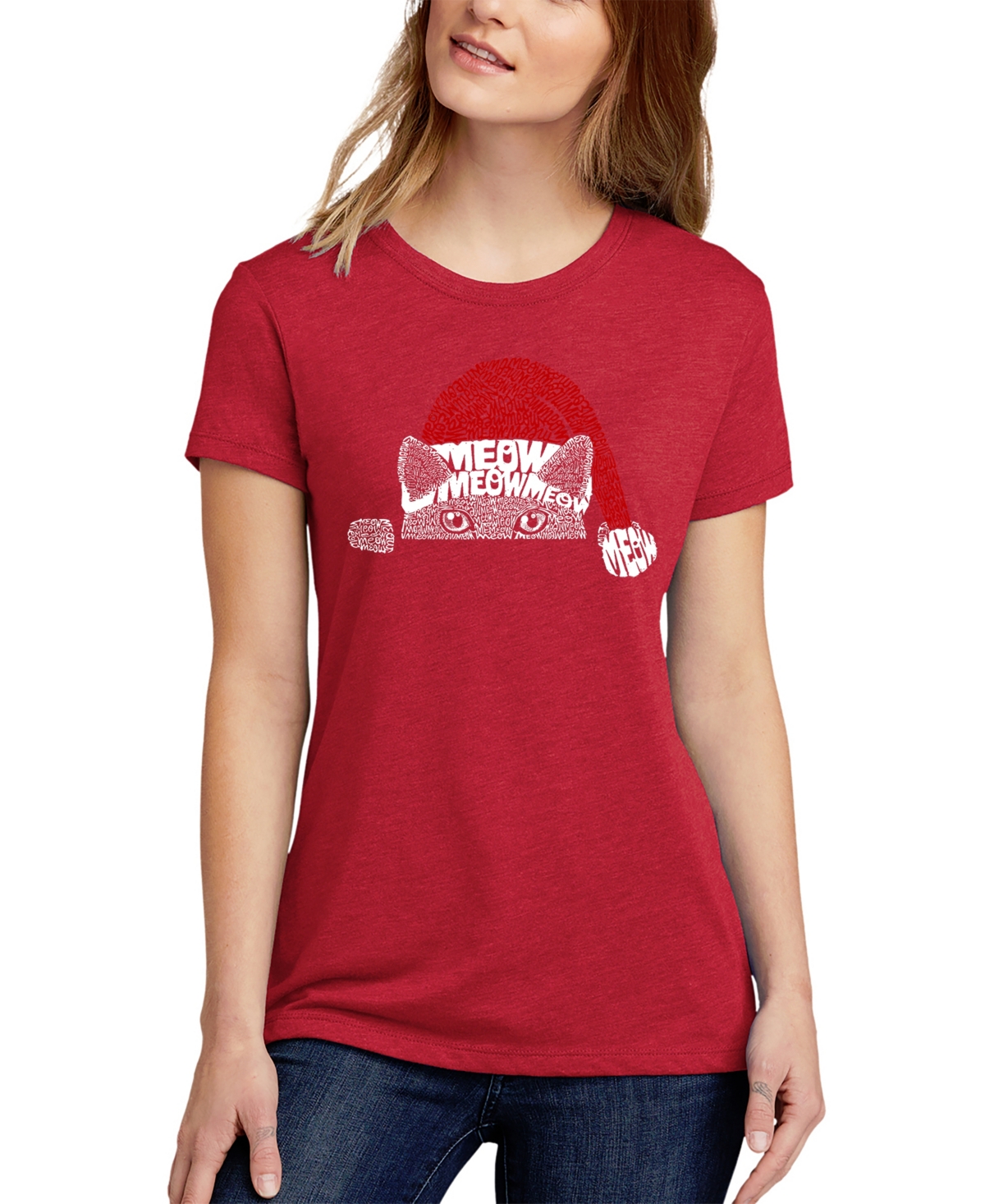 La Pop Art Women's Christmas Peeking Cat Premium Blend Word Art Short Sleeve T-shirt In Red