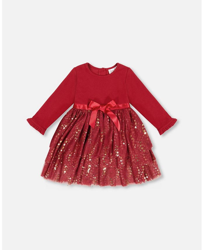 Deux par Deux Girl Bi Material Long Sleeve Dress With Glittering