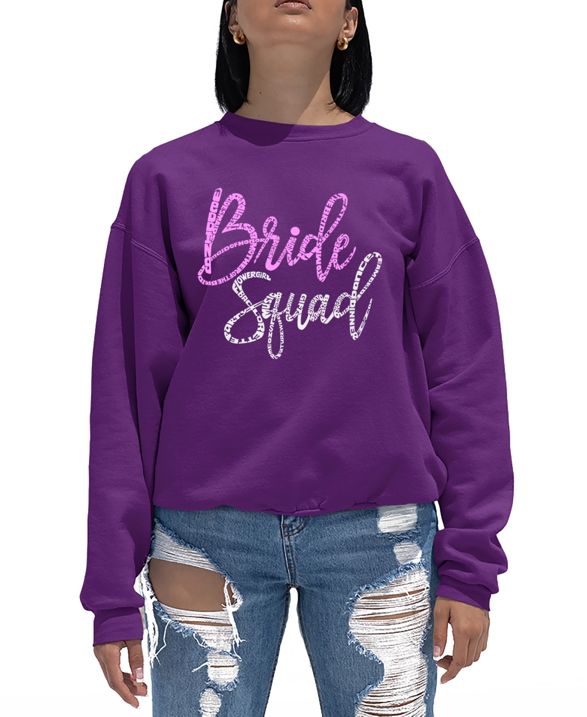 La Pop Art Women's Bride Squad Word Art Crewneck Sweatshirt In Purple