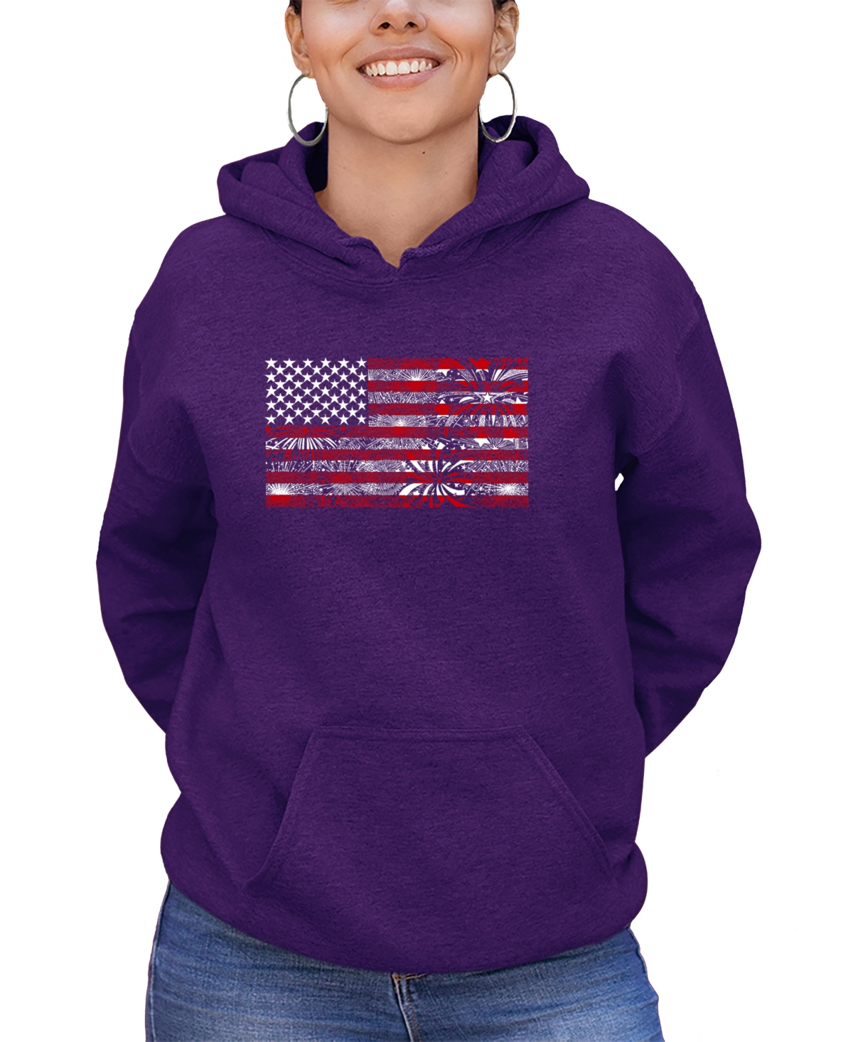 La Pop Art Women's Fireworks American Flag Word Art Hooded Sweatshirt In Purple