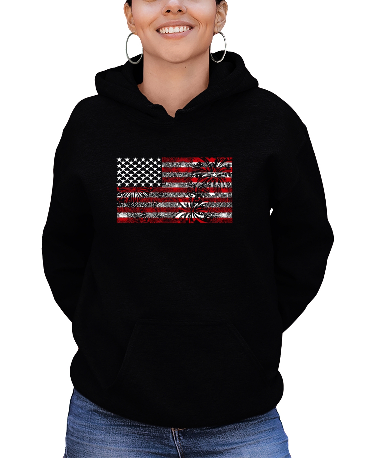 La Pop Art Women's Fireworks American Flag Word Art Hooded Sweatshirt In Black