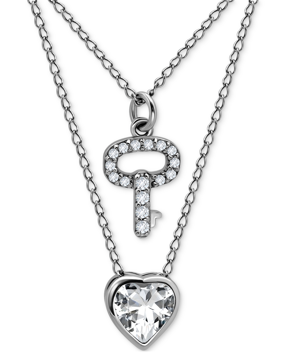 Shop Giani Bernini 2-pc. Set Cubic Zirconia Pave Key & Solitaire Heart Pendant Necklaces, Created For Macy's In Silver