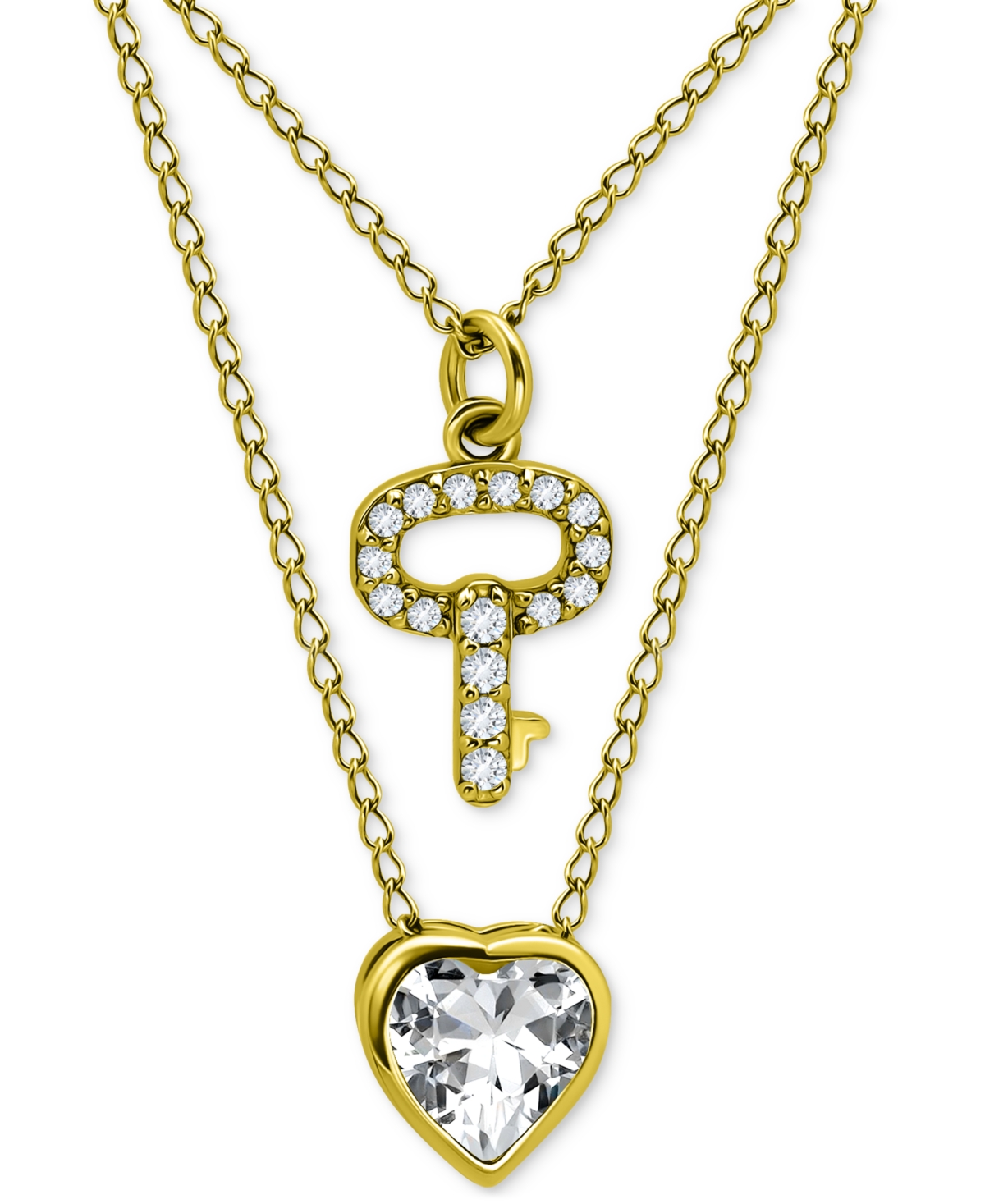 Giani Bernini 2-pc. Set Cubic Zirconia Pave Key & Solitaire Heart Pendant Necklaces, Created For Macy's In Gold