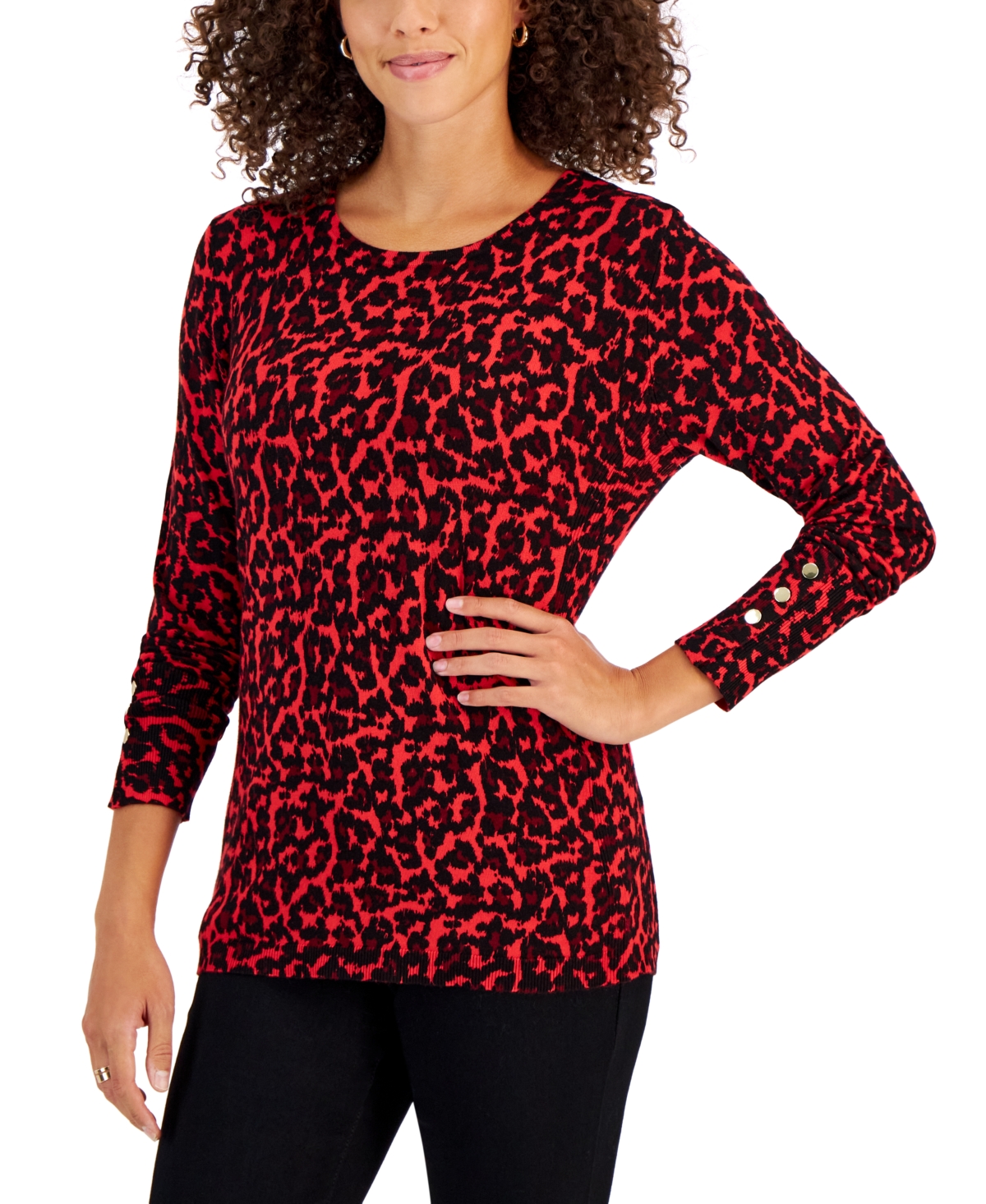 Jm Collection Women's Printed Button-Cuff Sweater, Created for Macy's
