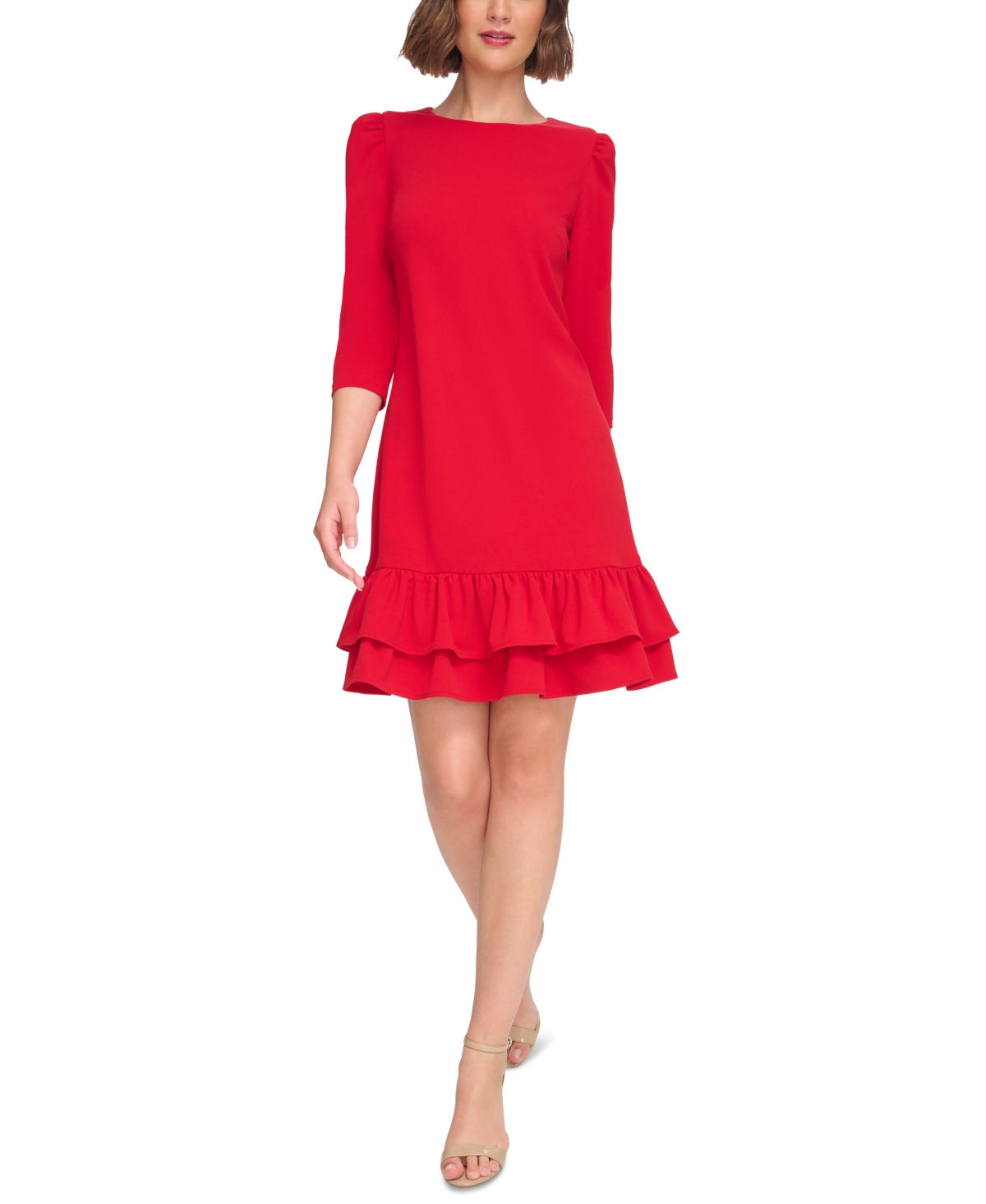 Tommy Hilfiger Women's 3/4-sleeve Ruffled-hem Dress In Deep Scarlet
