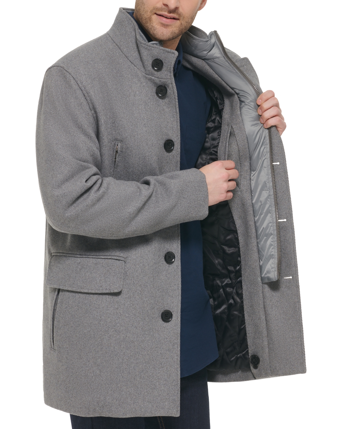 Cole Haan Men's Wool Twill Stand Collar Topper with Nylon Bib Coat