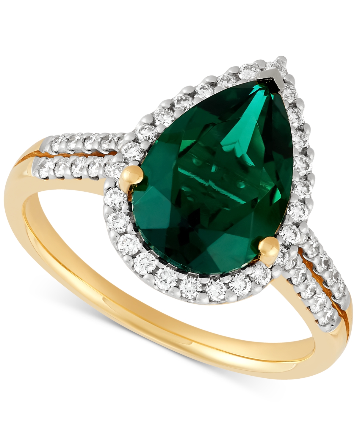 Lab Grown Emerald (2-1/2 ct. t.w.) & Lab Grown Diamond (3/8 ct. t.w.) Pear Halo Ring in 14k Gold (Also in Lab Grown Sapphire) - Emeral