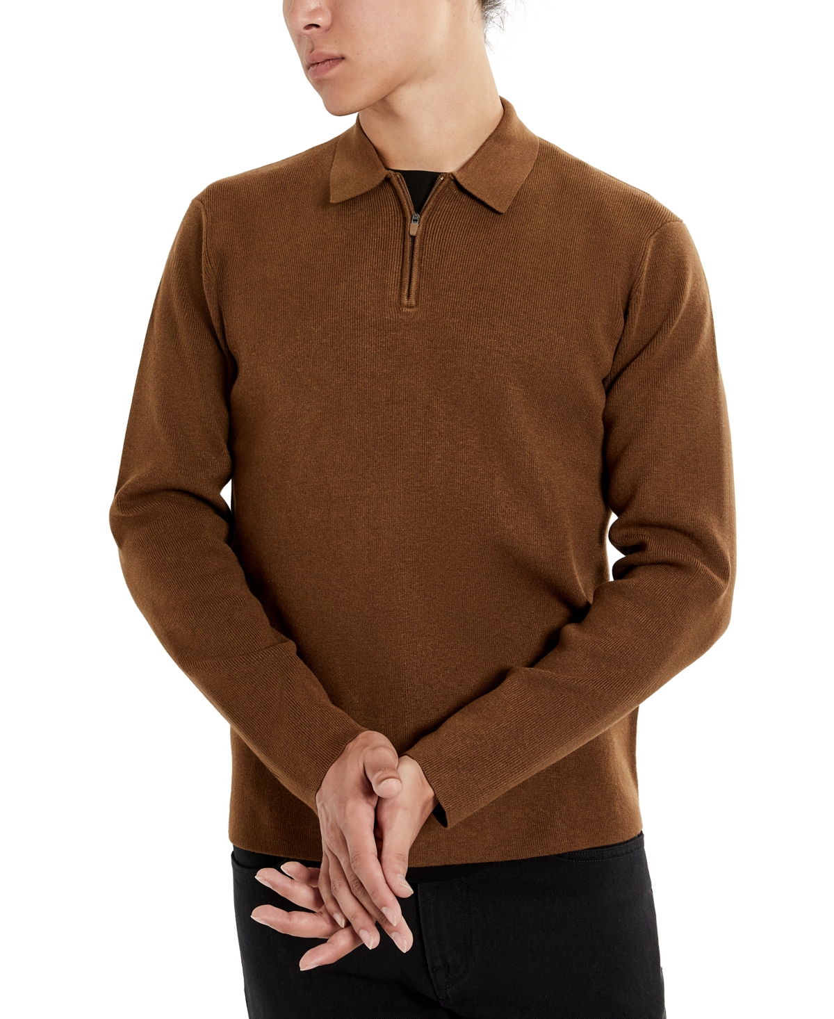 Kenneth Cole Men's Slim-fit Zip-placket Long Sleeve Polo Sweater In Brown