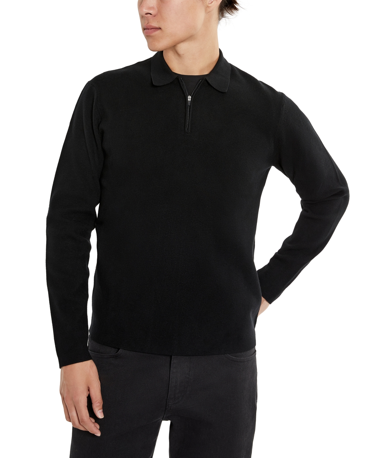 Kenneth Cole Men's Slim-fit Zip-placket Long Sleeve Polo Sweater In Black