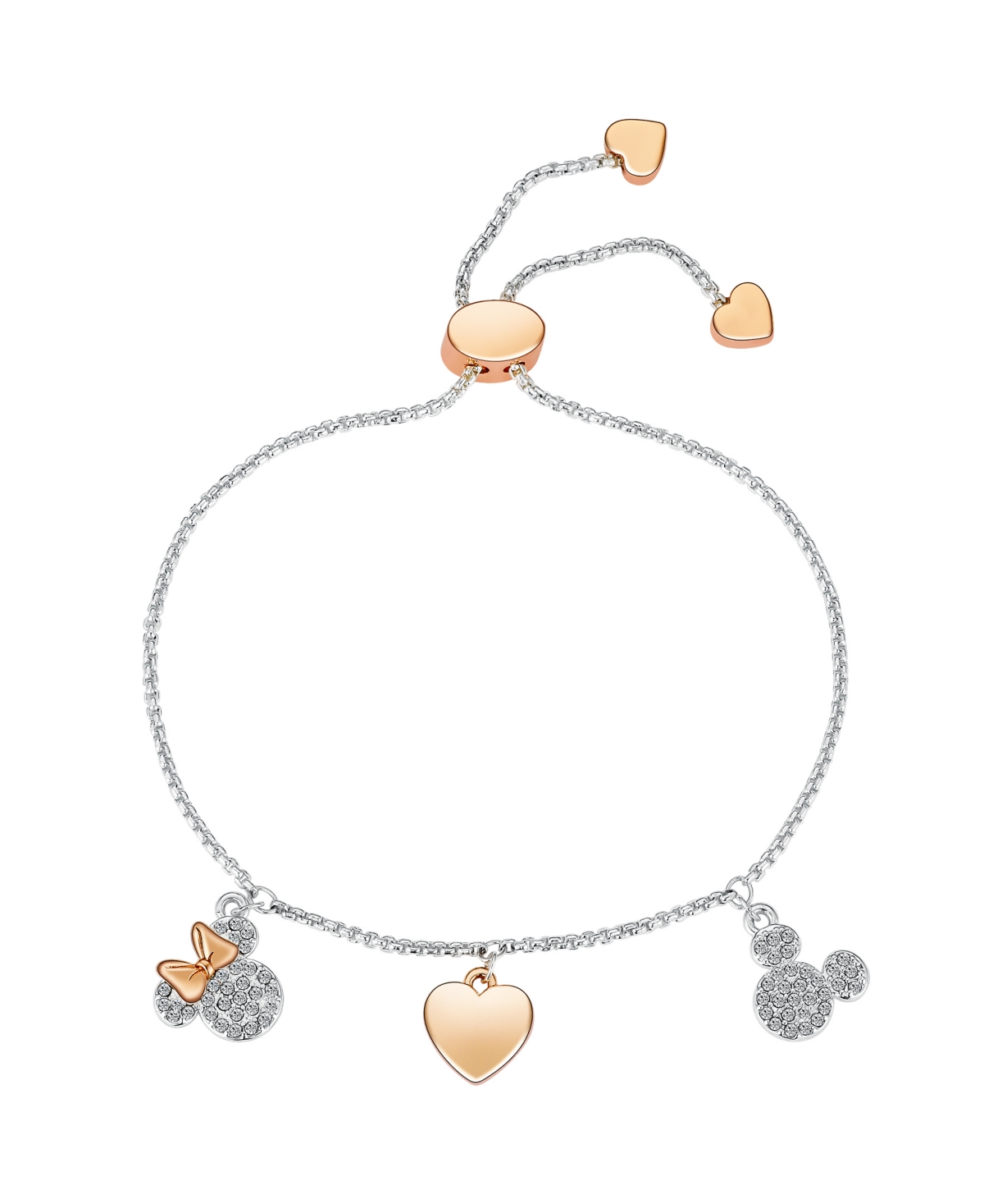 Disney Unwritten Crystal Mickey And Minnie Mouse Rose Gold-plated Hearts Charm Bracelet In Rose Gold Two-tone