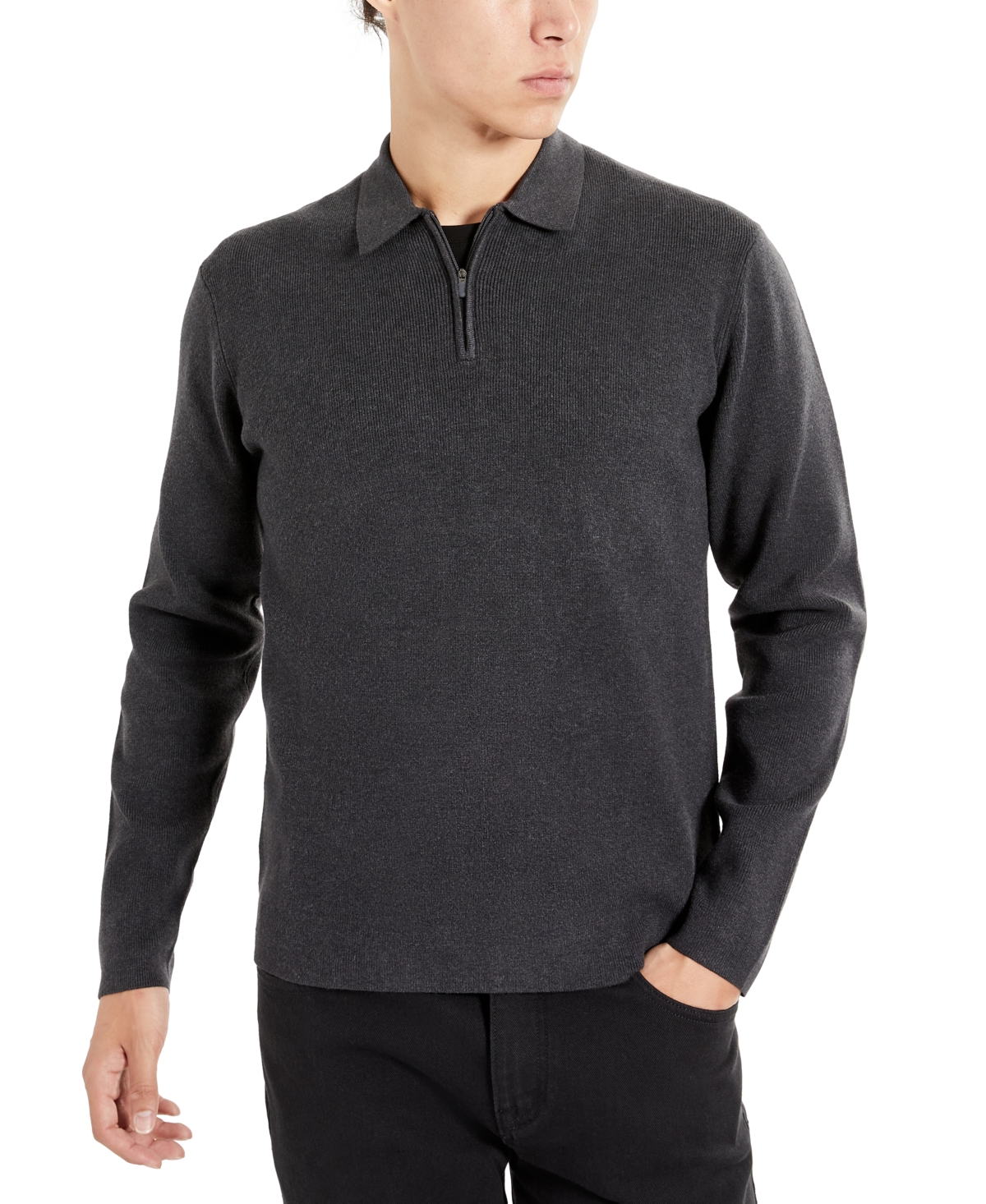Shop Kenneth Cole Men's Slim-fit Zip-placket Long Sleeve Polo Sweater In Charcoal