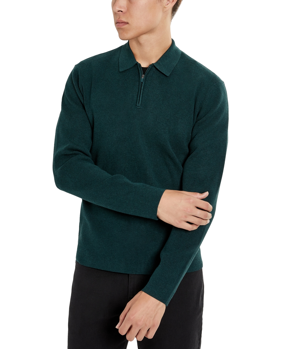 Kenneth Cole Men's Slim-fit Zip-placket Long Sleeve Polo Sweater In Dark Green